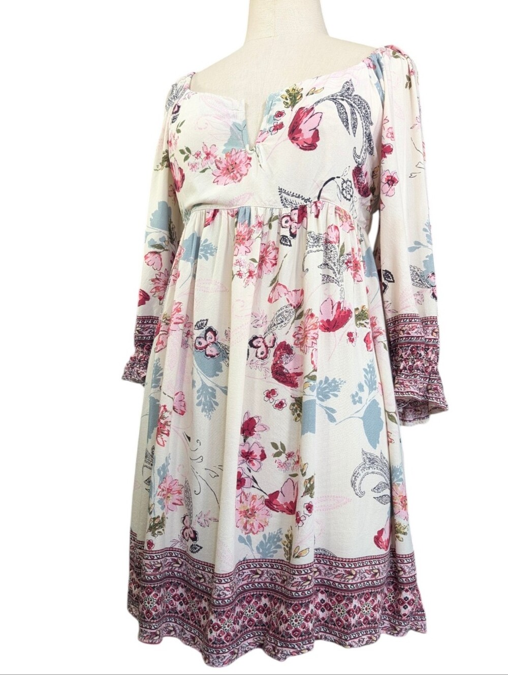 Angie floral, smocked back, boho empire waist mini dress. Medium